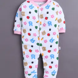 BUMZEE Cotton Knit Pack Of 3 Full Sleeves Bear Printed & Striped Sleepsuits - Baby Pink & White image 3