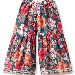 Babyhug Woven Three Fourth Sleeves Digital Floral Printed Kurta Gharara Set with Dupatta & Lace Detailing - Teal Blue image 5