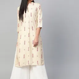 W Women Beige & Pink Printed Straight Kurta-image-5
