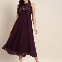 Jompers Purple & Pink Floral Embroidered A-Line Midi Dress-image-54
