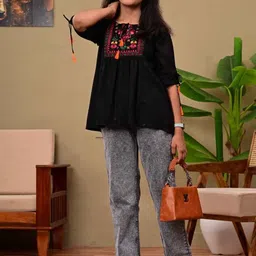 DMP EXPORT Girls Black Handloom Thread Work Kurta image 2