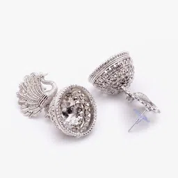 Moedbuille Silver-Toned Peacock Shaped Jhumkas image 2