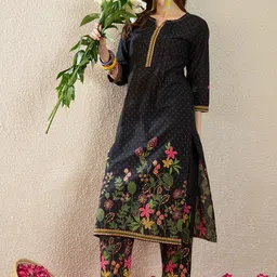 Indo Era Floral Printed Thread Work Pure Cotton Straight Kurta With Trousers-picture-30