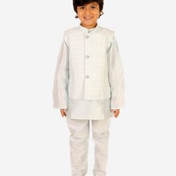 Superminis Full Sleeves Solid Kurta Pajama With Floral Embroidered Chikankari Nehru Jacket Set - Sky Blue-picture-14