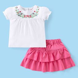 Babyhug Cotton Knit Half Sleeves Top & Layered Skirt Set With Floral Embroidery - White & Dark Pink-picture-8