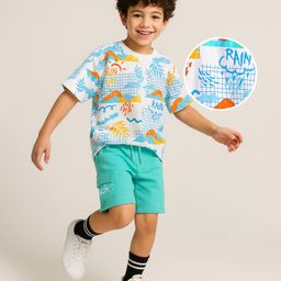 OLLINGTON ST. Cotton Half Sleeves Rain Printed T-Shirt & Shorts Set - Mutlicolor & Aqua-picture-20