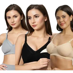 TUMMY Bamboo Cotton Pack of 3 Solid Non Padded Wired free Bra With Nursing Access - Multi Colour-image-41