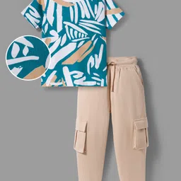 OLLINGTON ST. 100% Cotton Knit Half Sleeves Printed T-Shirt & Jogger Set - Multicolor & Beige-picture-16