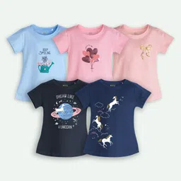 Ariel Cotton Knit Pack Of 5 Full Sleeves Unicorn & Hearts Printed Tees - Blue Pink Beige Black & Navy Blue-picture-31