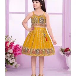 Lagorii Silk Woven Sleeveless Floral Embroidered & Sequins Embellished Top Skirt Set - yellow-picture-12