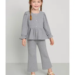 Aww Hunnie Terry Woven Full Peasent Sleeves Solid Top & Pant Set - Grey-picture-11