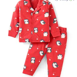 Babyoye Single Jersey Knit Full Sleeves Night Suit With Penguin Print - Red image 2