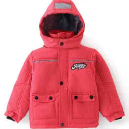 Babyhug Full Sleeves Woven Detachable Hood Jacket Text Embroidery - Red image 3