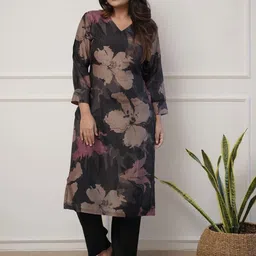 GoSriKi Floral Printed V-Neck Straight Kurta With Trousers image 4