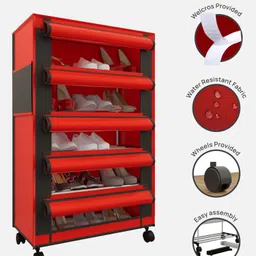 Fabura 5 Layers Shoe Rack With Wheels In Red & Black Color image 5