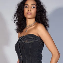 SASSAFRAS Striped Halter Neck Cotton Denim Bardot Top image 4