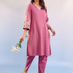 MISRI Embroidered Regular Pure Cotton Kurta with Trousers-image-6