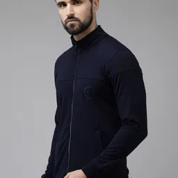 Arrow Men Navy Blue Solid Knitted Front-Open Sweatshirt image 3