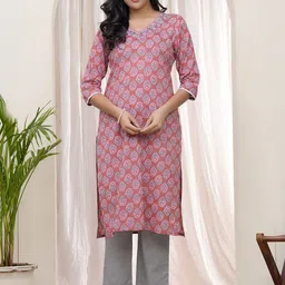 VAASVA JAIPUR Floral Printed V-Neck Cotton Silk Straight Kurta With Trousers-image-91