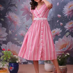 YANAMORA Women Striped V-Neck Fit & Flare Wrap Midi Dress-image-46