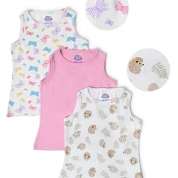 Mi Arcus Baby Girl Cotton Sleeveless All Over Butterfly & Raccoon Print Tank Top Pack of 3 White & Pink-image-23