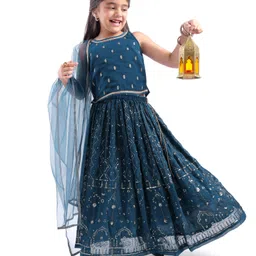 Babyhug Woven Sleeveless Embroiderd Choli Lehenga Set with Dupatta - Teal-picture-25