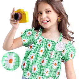 Babyhug Cotton Knit Off Shoulder Sleeves Top With Floral Print & Applique - Light Green-picture-26