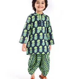 Babyhug Cotton Woven Full Sleeves Kurta Pyjama Set with Floral Print - Navy Blue &Green-picture-29
