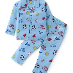 Babyhug Cotton Knit Full Sleeves Front Open Night Suit With Sports Print - Sky Blue-picture-33