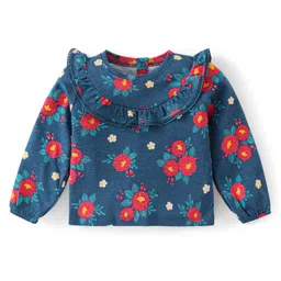 Babyhug Cotton Knit Full Sleeves Top with Floral Print & Frill Detailing - Blue-picture-30