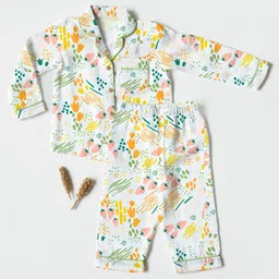 Cocoon Care Bamboo Cotton Woven Full Sleeves Floral & Strawberries Printed Coordinating Night Suit Set - Multi Colour-picture-24