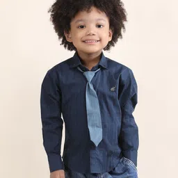 Polka Tots Cotton Woven Full Sleeves Textured Shirt With Tie - Navy Blue-picture-25