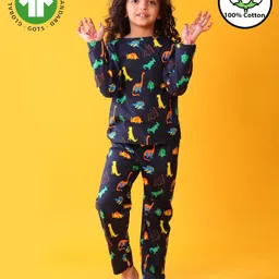 Anthrilo 100% Organic Cotton Knit Full Sleeves Dinosaur Printed Coordinating Night Suit Set - Navy Blue-picture-13