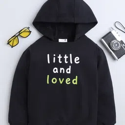 BAATCHEET Fleece Knit Full Sleeves Little & Loved Text Printed Light Winter Hooded Sweatshirt - Black-picture-27