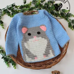 Woonie Hand Knit Full Sleeves Mouse Designed Sweater - Sky Blue-picture-11