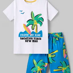 Ollington St. Cotton Half Sleeves T-Shirt & Shorts Set With Beach Theme Print - White & Blue image 2