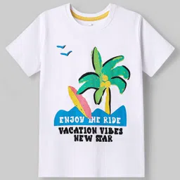 Ollington St. Cotton Half Sleeves T-Shirt & Shorts Set With Beach Theme Print - White & Blue image 3