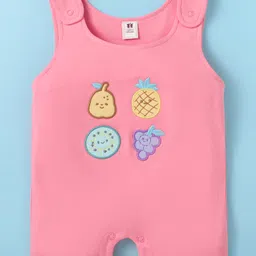 ToffyHouse Cotton Knit Half Sleeves Dungaree Style Romper & T-Shirt with Tropical Print - Pink & White image 4