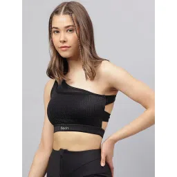 Fitkin Womens Black Textured One Shoulder Sports Bra image 2