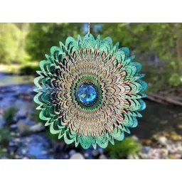 NIYANTA 12"x 12" 3D Stainless Steel Mandala Wind Spinners| Spinner with Gazing Ball| Hanging Wind Sculpture Ornament for Garden| Crystal 360° Rotating Spinner| Colorful Flower (2 Layer Spinner) image 2