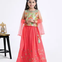 Babyhug Sleeveless Floral Embroidered Lehenga Set - Dark Pink Green-picture-35