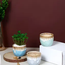 TAYHAA Glazed Elegance Grey & Blue 3 Pieces Geometric Ceramic Flower Planters-picture-44