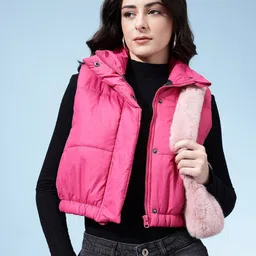 glitchez Solid Mock Collar Cropped Puffer Style Gilet Jacket-image-20