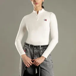 Tommy Hilfiger Women Brand Logo Printed High Neck Slim Fit T-shirt-image-44