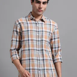 Proword Men Classic Slim Fit Tartan Checked Spread Collar Pure Cotton Casual Shirt-picture-31