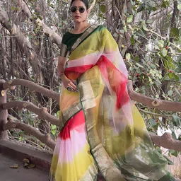 V3 FASHION STUDIO Tie and Dye Zari Organza Leheriya Saree image 4