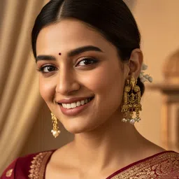 MANSIYAORANGE Gold-Plated Artificial Stones Studded & Beaded Temple Contemporary Earrings image 5