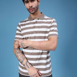 LIMEROAD Men Brown Stripes Poly Cotton Polo Neck Casual Polo-T-Shirt-picture-38