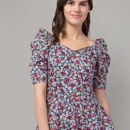 Zuvino Floral Print Sweetheart Neck Puff Sleeve Peplum Top-picture-10