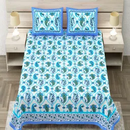 Aapno Rajasthan Green & Blue Floral 144 TC King Bedsheet with 2 Pillow Covers-image-47